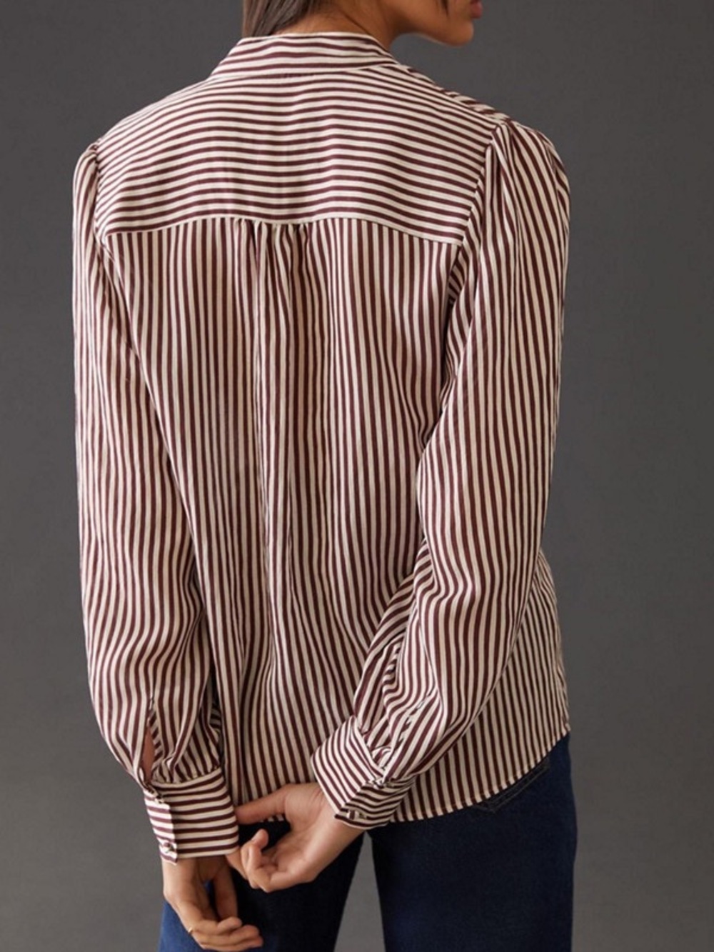 Anthropologie Maeve Tie Neck Blouse XXS Burgundy Stripe Office Career Parisian - Picture 4 of 13
